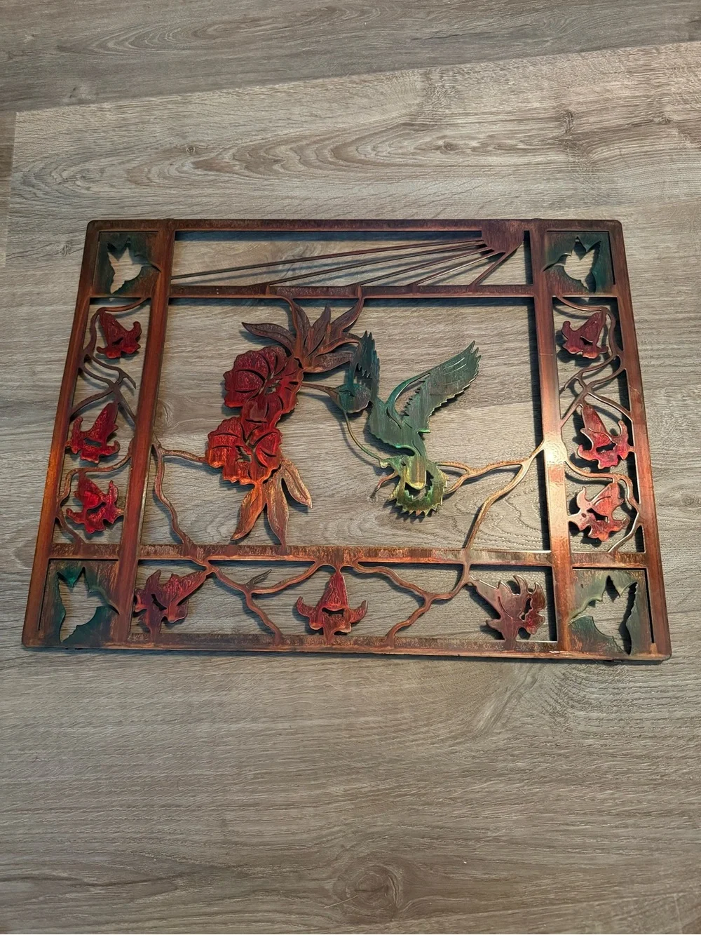 Handcrafted Wooden Hummingbird Wall Panel - Red & Green Accents